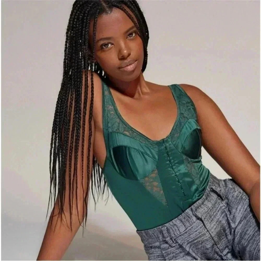 Urban Outfitters Green Satin & Lace Corset Bustier Bodysuit Out from Under Sz XS